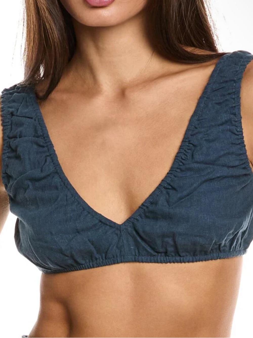 WEWOREWHAT WE WORE WHAT Deep Blue V-Neck Crop Top bra bandeau linen cotton LARGE
